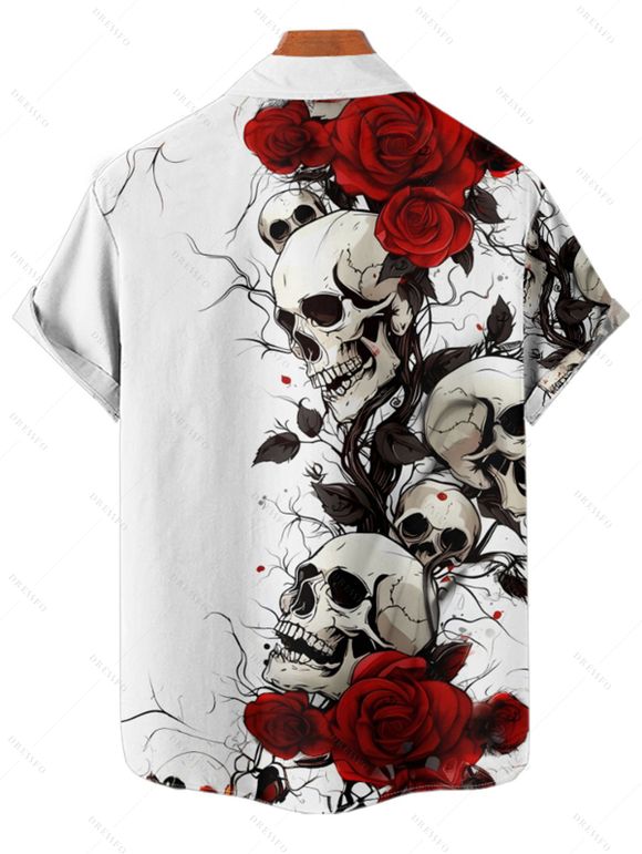 Chemise boutonnée gothique pour homme, motif tête de mort et roses, pour Halloween - Blanc 4XL
