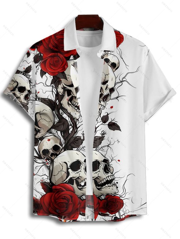 Chemise boutonnée gothique pour homme, motif tête de mort et roses, pour Halloween - Blanc 4XL