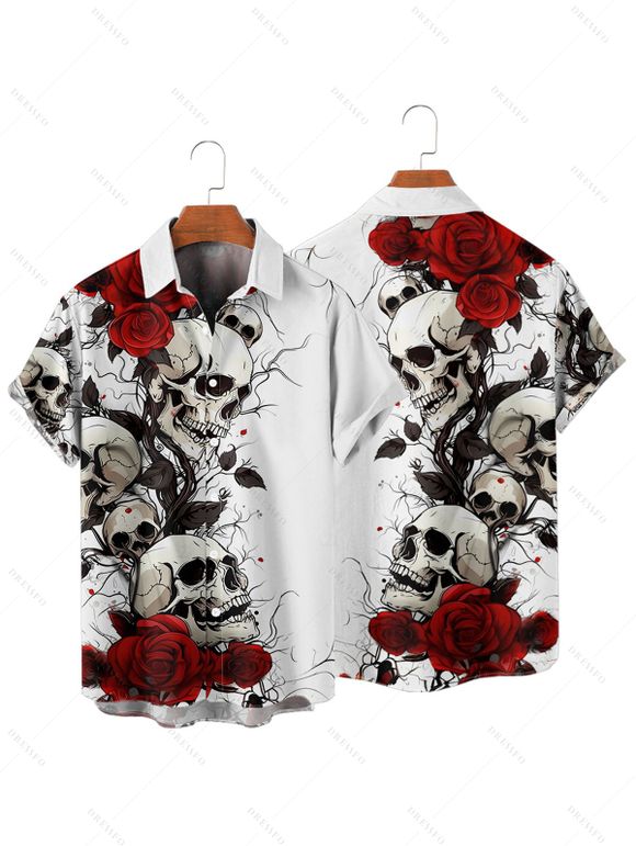 Chemise boutonnée gothique pour homme, motif tête de mort et roses, pour Halloween - Blanc 4XL