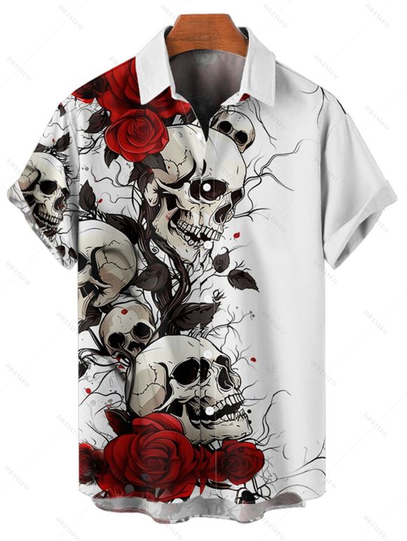 Chemise boutonnée gothique pour homme, motif tête de mort et roses, pour Halloween - Blanc 4XL