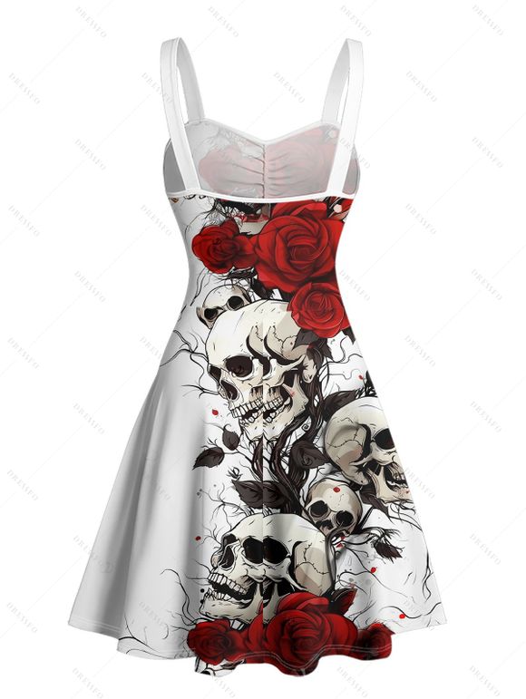 Robe gothique mini à imprimé tête de mort et roses, buste froncé, pour Halloween - Blanc S | US 4