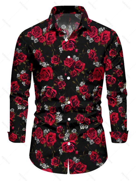 Chemise boutonnée à imprimé floral rose pour homme - Noir XL