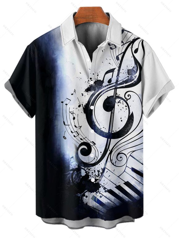 Chemise de vacances pour homme, boutonnée, imprimé notes de musique colorblock - Bleu profond 5XL