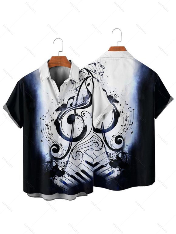 Chemise de vacances pour homme, boutonnée, imprimé notes de musique colorblock - Bleu profond S