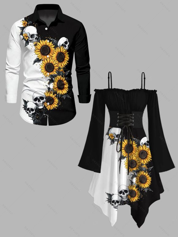Gothic Couple Outfit Sunflower Skulls Print Lace Up Asymmetrical Dress and Shirt Set for Halloween - Noir S | US 4