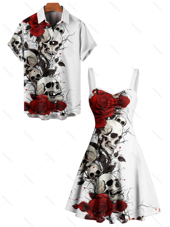 Gothic Couple Outfit Rose Skulls Print Ruched Bust Mini Dress and Shirt Set for Halloween - Blanc S | US 4