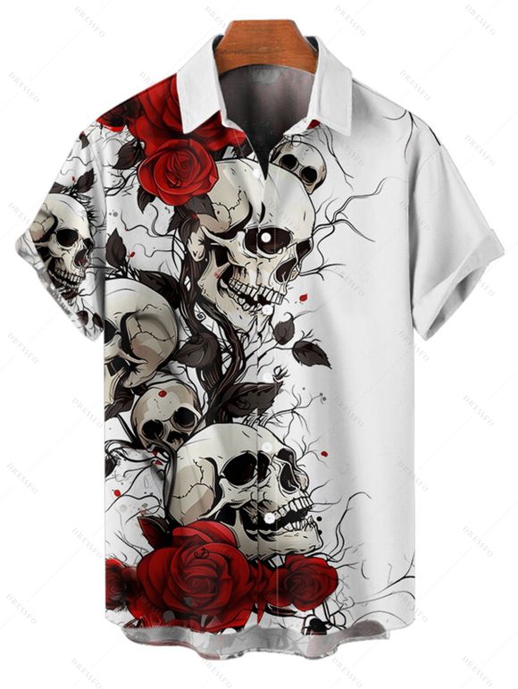 Gothic Couple Outfit Rose Skulls Print Ruched Bust Mini Dress and Shirt Set for Halloween - Blanc S | US 4