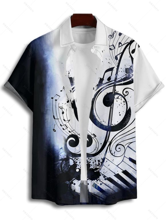 Chemise de vacances pour homme, boutonnée, imprimé notes de musique colorblock - Bleu profond S