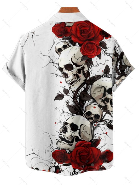 Gothic Couple Outfit Rose Skulls Print Ruched Bust Mini Dress and Shirt Set for Halloween - Blanc S | US 4