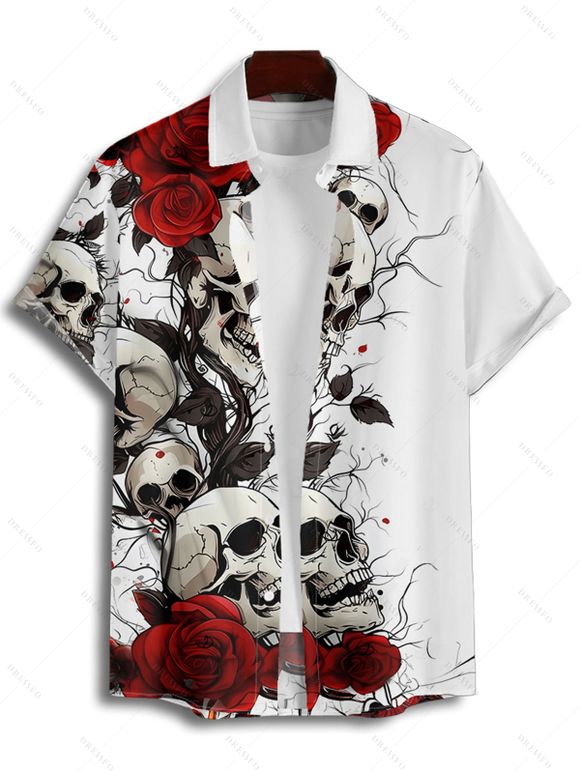 Gothic Couple Outfit Rose Skulls Print Ruched Bust Mini Dress and Shirt Set for Halloween - Blanc S | US 4