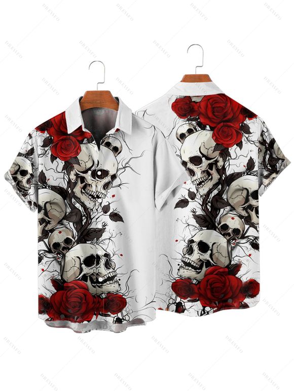 Gothic Couple Outfit Rose Skulls Print Ruched Bust Mini Dress and Shirt Set for Halloween - Blanc S | US 4