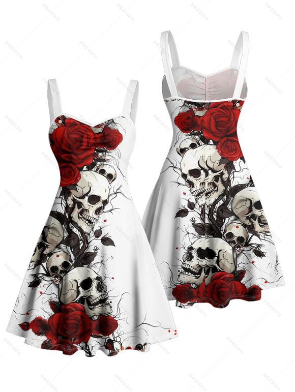 Gothic Couple Outfit Rose Skulls Print Ruched Bust Mini Dress and Shirt Set for Halloween - Blanc S | US 4