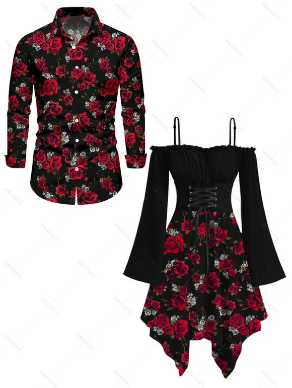 Gothic Couple Outfit Rose Print Lace Up Asymmetrical Dress and Shirt Set - Noir S | US 4