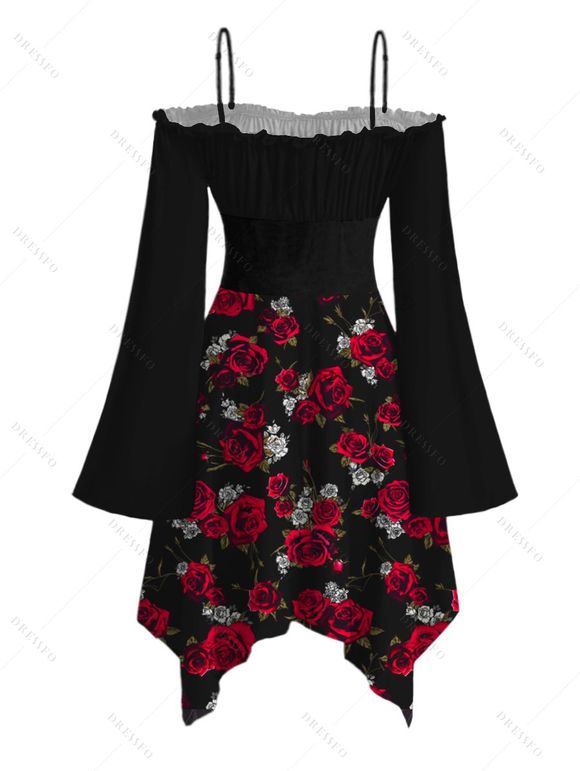 Gothic Couple Outfit Rose Print Lace Up Handkerchief Dress and Shirt Set - Noir S | US 4