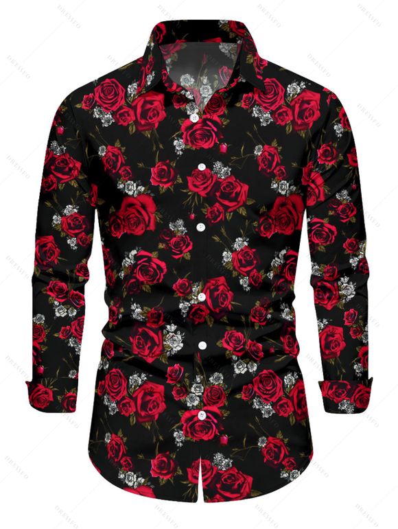 Gothic Couple Outfit Rose Print Lace Up Handkerchief Dress and Shirt Set - Noir S | US 4