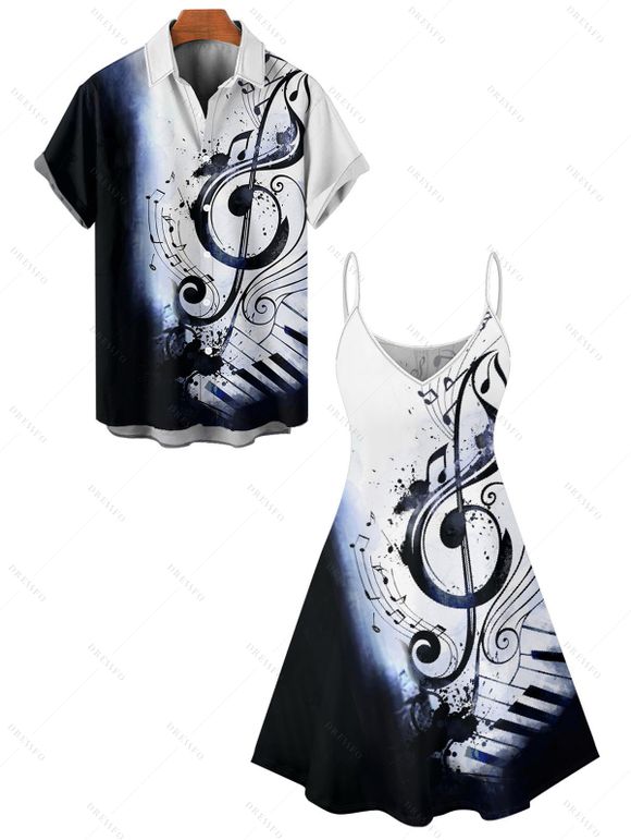 Vacation Couple Outfit Colorblock Music Note Print Mini Dress and Shirt Set - Bleu de Minuit S | US 4