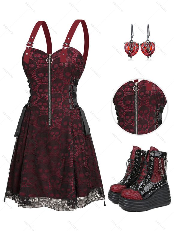 Gothic Women Outfit for Halloween Colorblock Skulls Print Lace Up Dress and Heart Skeleton Earrings Rivet Boots Set - Rouge foncé S | US 4