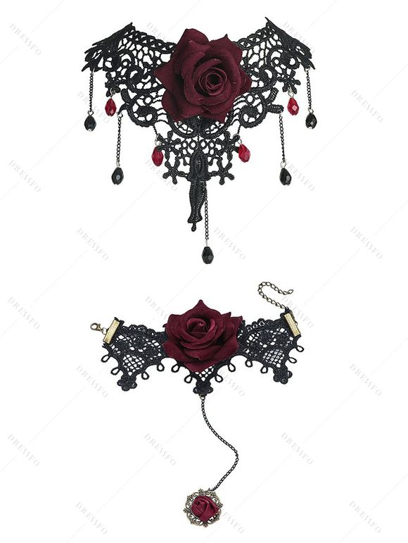 Gothic Women Outfit for Halloween Lace Up Crisscross Mini Dress and Lace Rose Choker Bracelet with Ring Rivet Boots Set - Rouge foncé S | US 4