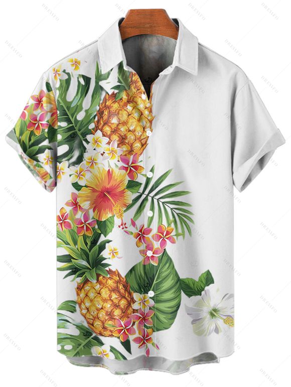 Chemise de vacances à manches courtes et boutons pour homme, motif ananas, fleurs et feuilles, décontractée - Blanc 5XL