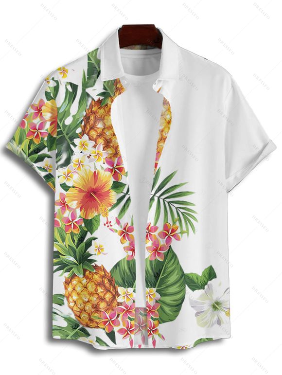 Chemise de vacances à manches courtes et boutons pour homme, motif ananas, fleurs et feuilles, décontractée - Blanc 4XL