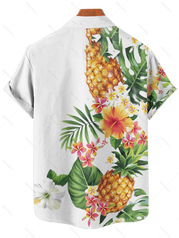Chemise de vacances à manches courtes et boutons pour homme, motif ananas, fleurs et feuilles, décontractée - Blanc 4XL