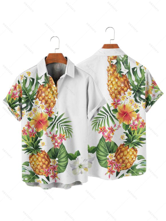 Chemise de vacances à manches courtes et boutons pour homme, motif ananas, fleurs et feuilles, décontractée - Blanc 4XL