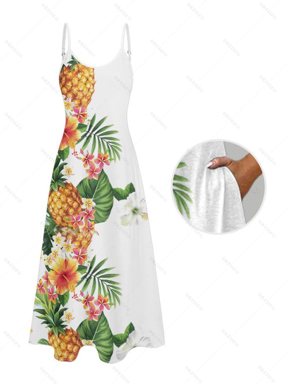 Robe de vacances à motif de feuilles et de fleurs d'ananas, robe longue décontractée à bretelles spaghetti - Blanc XXL | US 14