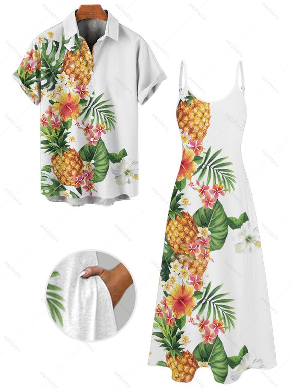 Vacation Couple Outfit Pineapple Flower Leaf Pattern Spaghetti Strap A Line Long Dress and Button Up Shirt Casual Matching Outfit - Blanc S | US 4