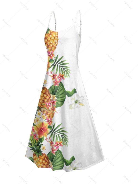 Vacation Couple Outfit Pineapple Flower Leaf Pattern Spaghetti Strap A Line Long Dress and Button Up Shirt Casual Matching Outfit - Blanc S | US 4