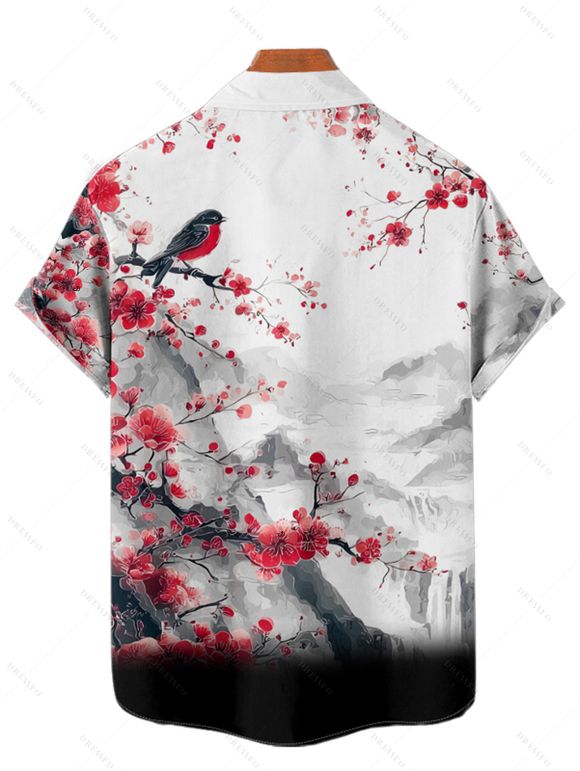 Vacation Couple Outfit Ink Painting Peach Blossom Bird Mountain Pattern Ruched Bust Belt Dress and Button Up Shirt Matching Outfit - Noir S | US 4