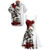 Gothic Couple Outfit Rose Skulls Print Ruched Bust Mini Dress and Shirt Set for Halloween - Blanc S | US 4