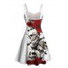Gothic Couple Outfit Rose Skulls Print Ruched Bust Mini Dress and Shirt Set for Halloween - Blanc S | US 4