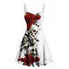 Gothic Couple Outfit Rose Skulls Print Ruched Bust Mini Dress and Shirt Set for Halloween - Blanc S | US 4