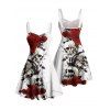 Gothic Couple Outfit Rose Skulls Print Ruched Bust Mini Dress and Shirt Set for Halloween - Blanc S | US 4