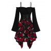 Gothic Couple Outfit Rose Print Lace Up Asymmetrical Dress and Shirt Set - Noir S | US 4