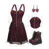 Gothic Women Outfit for Halloween Colorblock Skulls Print Lace Up Dress and Heart Skeleton Earrings Rivet Boots Set - Rouge foncé S | US 4