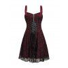 Gothic Women Outfit for Halloween Colorblock Skulls Print Lace Up Dress and Heart Skeleton Earrings Rivet Boots Set - Rouge foncé S | US 4