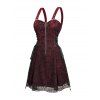 Gothic Women Outfit for Halloween Colorblock Skulls Print Lace Up Dress and Heart Skeleton Earrings Rivet Boots Set - Rouge foncé S | US 4