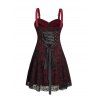 Gothic Women Outfit for Halloween Colorblock Skulls Print Lace Up Dress and Heart Skeleton Earrings Rivet Boots Set - Rouge foncé S | US 4