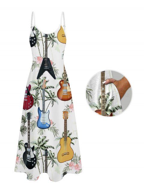Robe de vacances à imprimé guitare et cocotier, longue robe à bretelles spaghetti et poches pour la plage