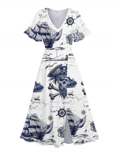Robe mi-longue fendue à imprimé crânes de poulpe et pirate pour la plage