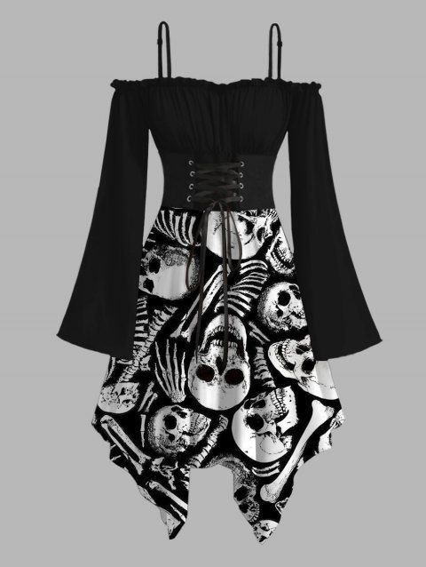Robe gothique à imprimé squelette et tête de mort, à lacets, épaules dénudées, robe mouchoir pour Halloween