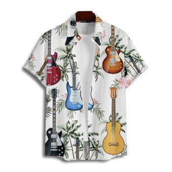 Vacation Couple Outfit for Beach Coconut Tree Guitar Print Pocket Spaghetti Strap Long Dress and Shirt Set