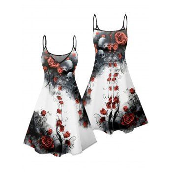 Skull Rose Print Gothic Dress Ink Painting Spaghetti Strap Mini Dress for Halloween