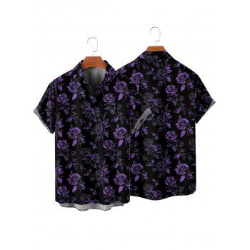 Gothic Couple Outfit for Vacation Rose Floral Print Lace Up Buckle Strap Mini Dress and Shirt Set