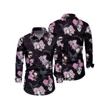 Gothic Couple Outfit for Halloween Rose Skulls Bat Print Lace Up Handkerchief Dress and Shirt Set