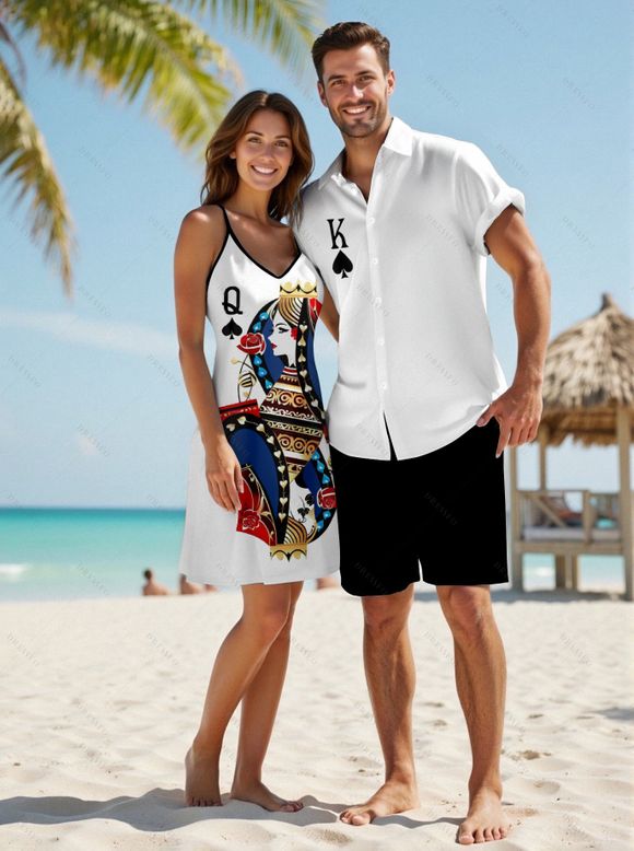 Playing Card Print V Neck High Waist Spaghetti Strap Dress and Roll Up Sleeve Shirt Hawaii Outfit - Blanc S | US 4