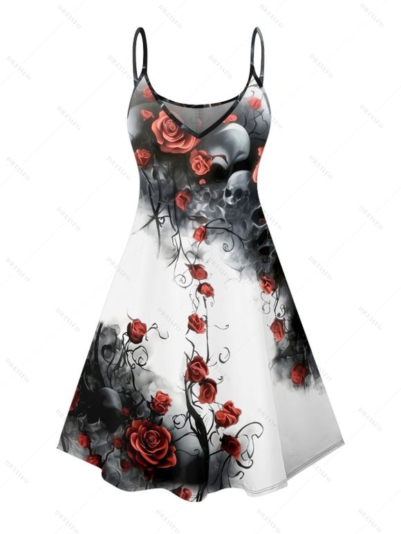 Robe gothique à imprimé tête de mort et roses, mini-robe à bretelles spaghetti peinte à l'encre pour Halloween - Blanc S | US 4