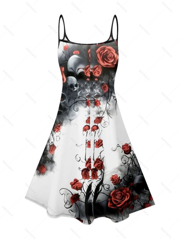Robe gothique à imprimé tête de mort et roses, mini-robe à bretelles spaghetti peinte à l'encre pour Halloween - Blanc S | US 4