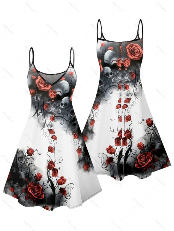 Robe gothique à imprimé tête de mort et roses, mini-robe à bretelles spaghetti peinte à l'encre pour Halloween - Blanc S | US 4